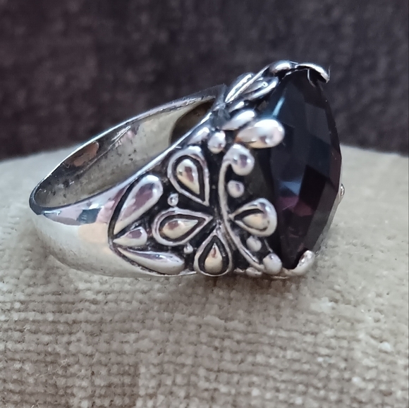 Silver Multi-faceted Brown Synthetic Stone Ring - Picture 3 of 14